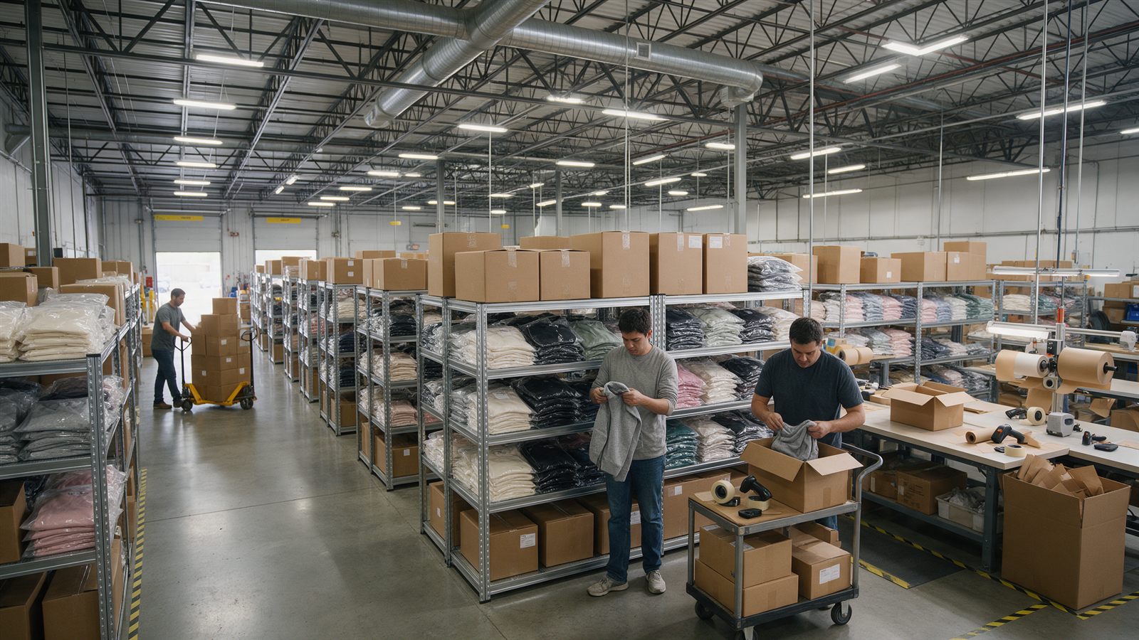 Apparel fulfillment warehouse with garment cartons and pick-pack stations