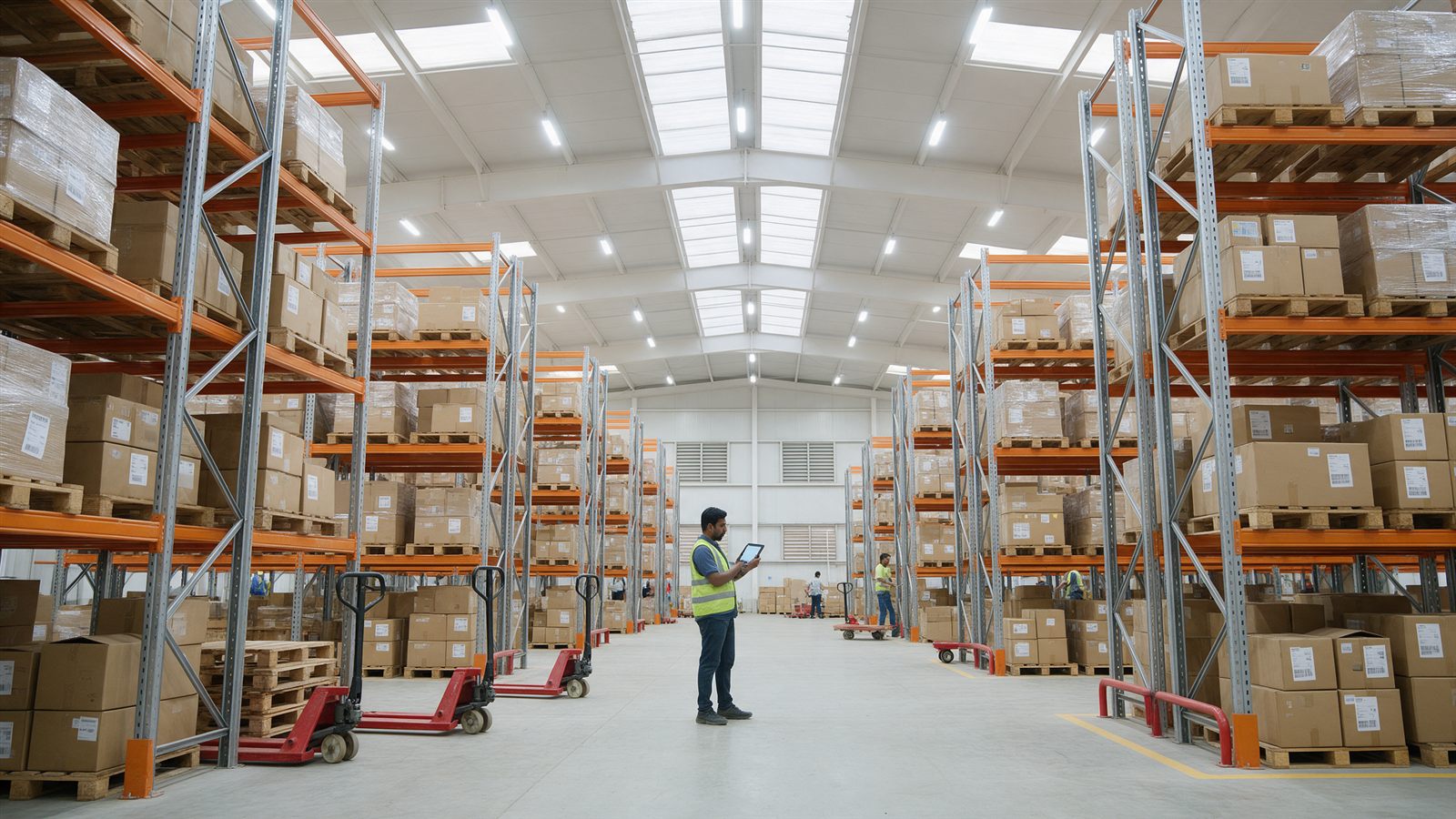 Electronic goods warehousing with pallet racks of boxed consumer electronics