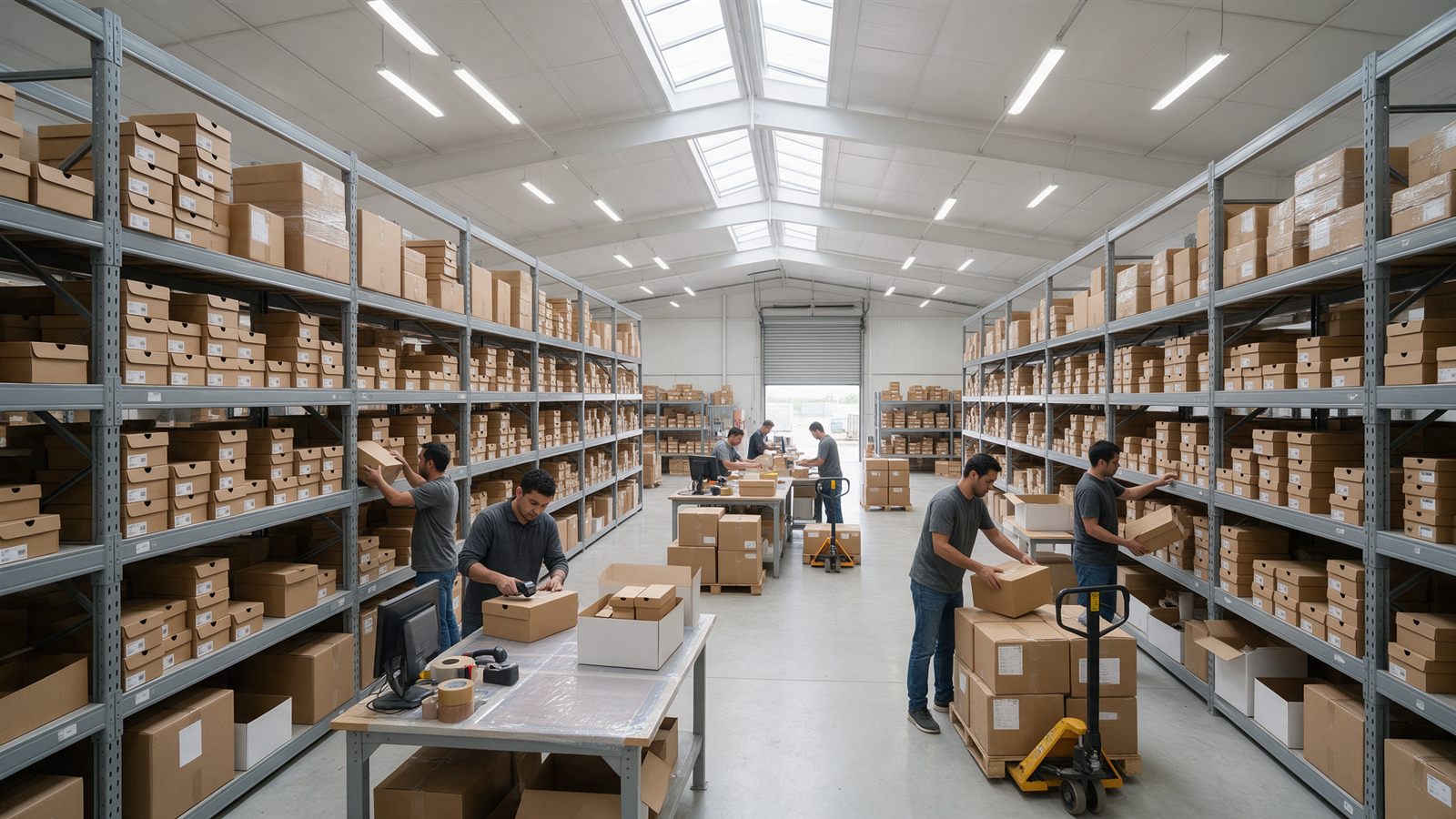 Footwear warehouse with shelves of shoeboxes prepared for order fulfillment