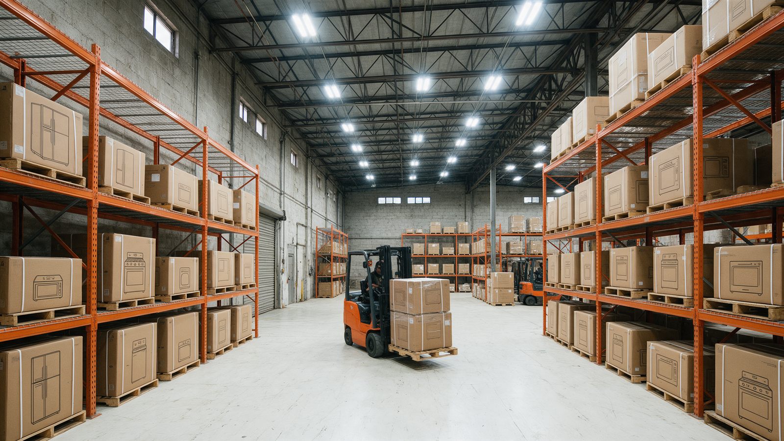 Warehouse storing palletized home appliances and consumer durables