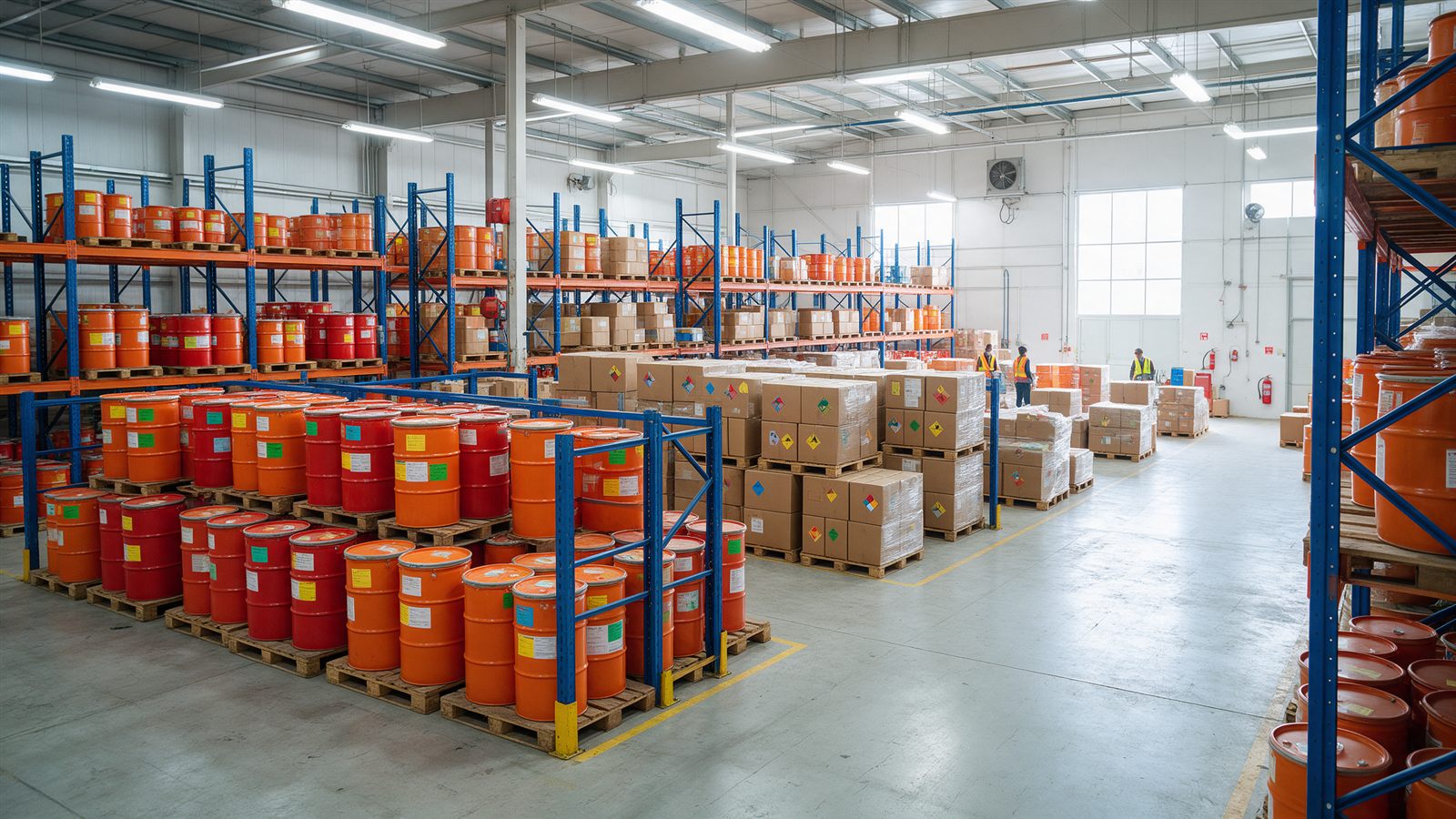Organized warehouse storage for packaged non-hazardous industrial chemicals