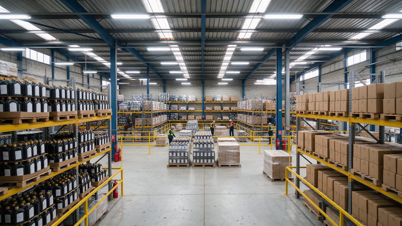 Warehouse storing packaged motor oils and lubricant cartons on pallets