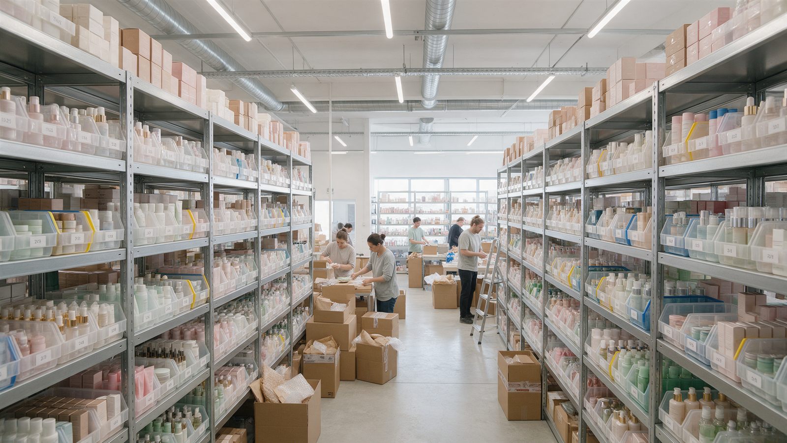 Beauty fulfillment warehouse with skincare and cosmetics inventory