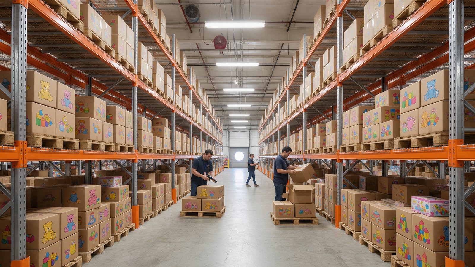 Warehouse aisle of packaged toys and kids products ready for fulfillment